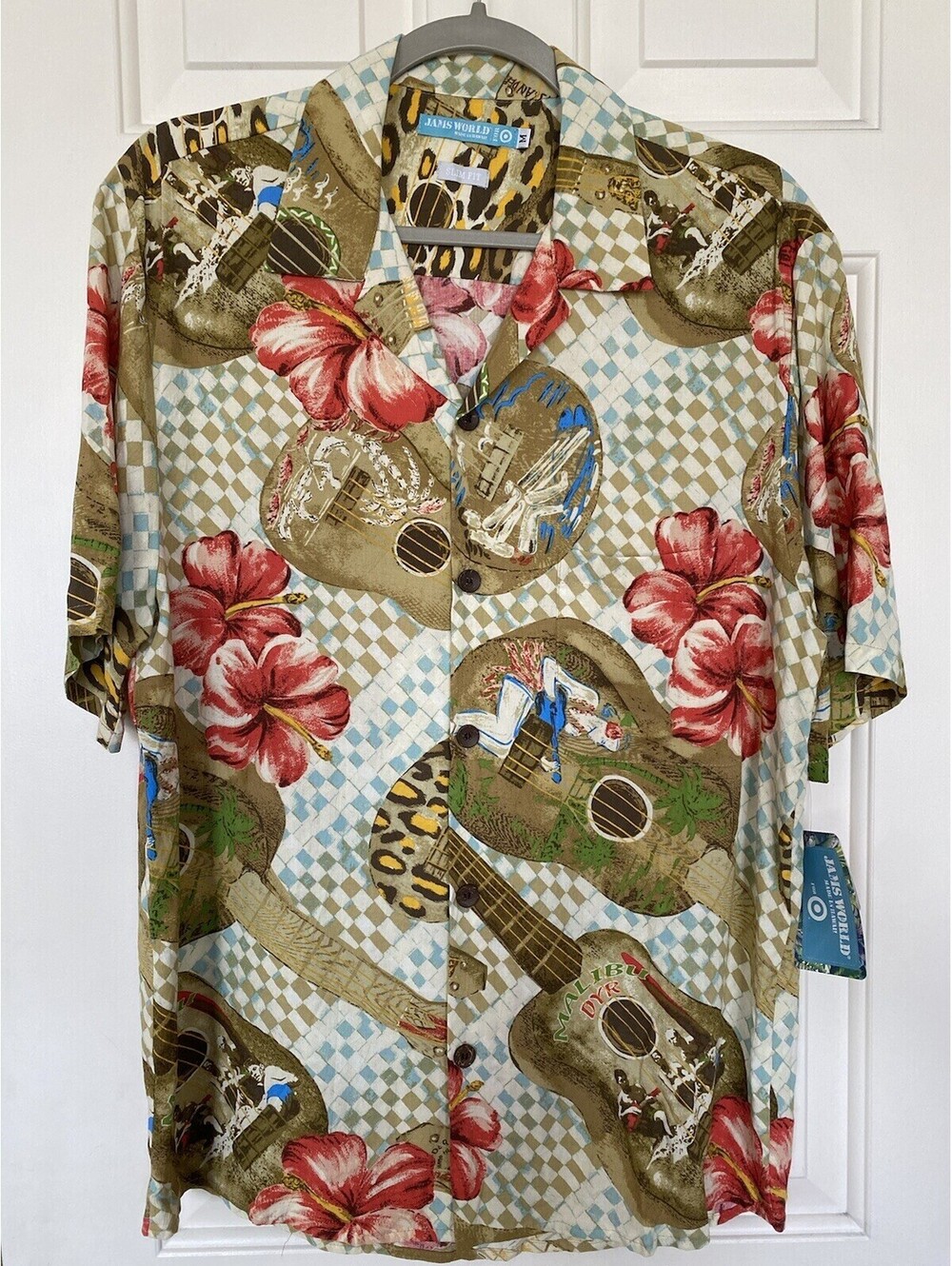 Jams World Ukulele Hibiscus Floral Malibu Hawaiian Aloha Shirt NWT Med Slim Fit
